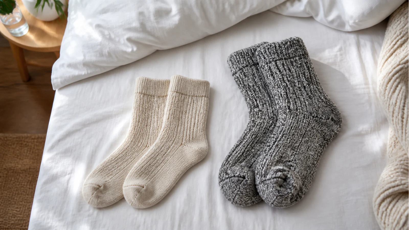Breathable bed socks laid beside bulkier thermal socks on cotton bedding.