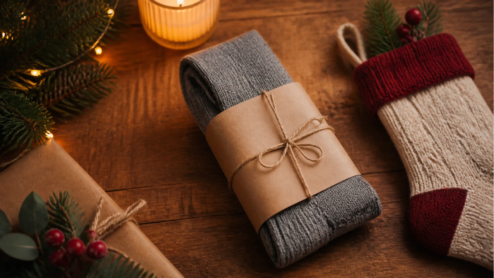 Warm socks prepared as a simple Christmas stocking filler in kraft wrapping.