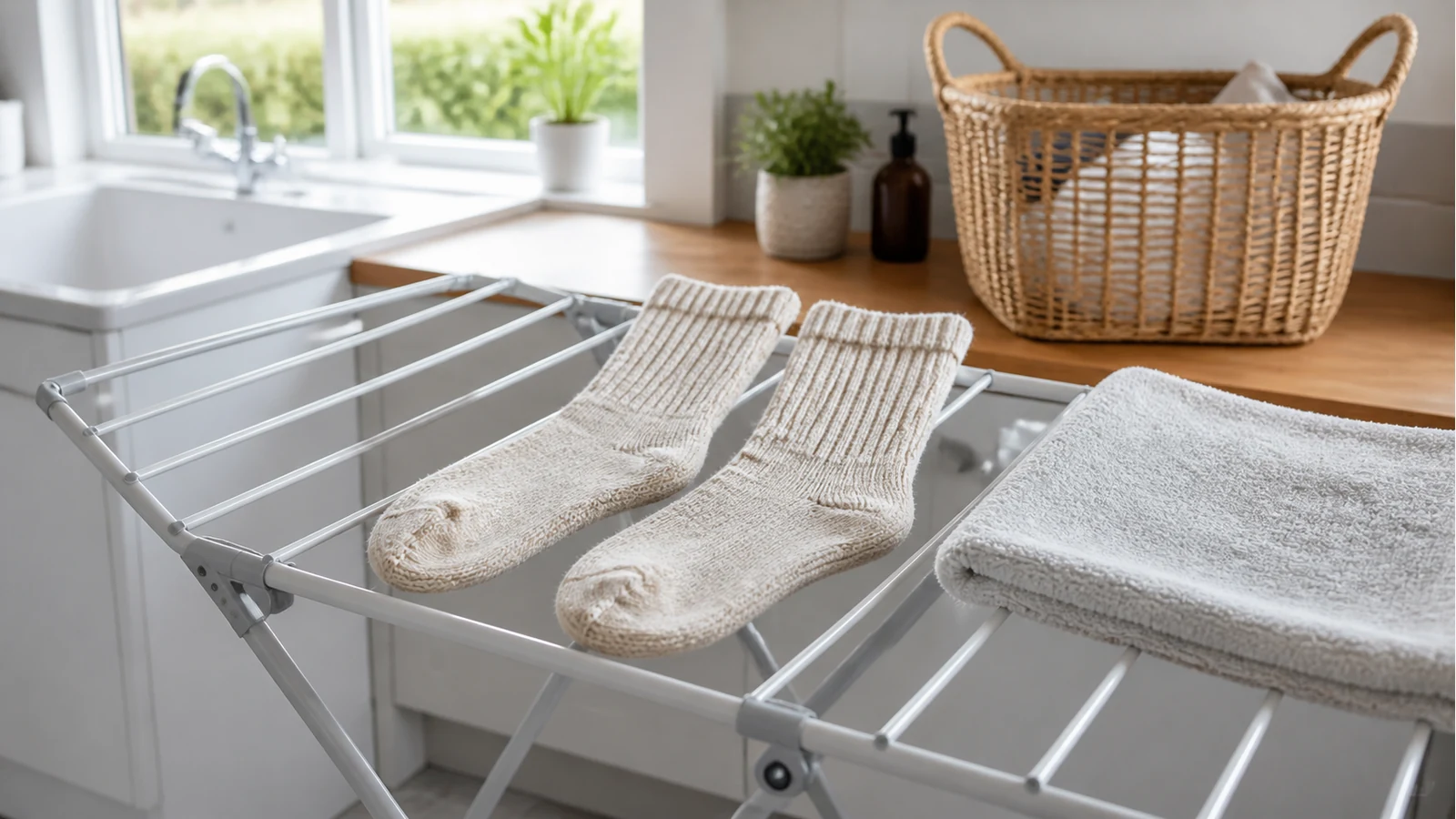 Mid-calf lounge socks laid flat to dry after a gentle wash.