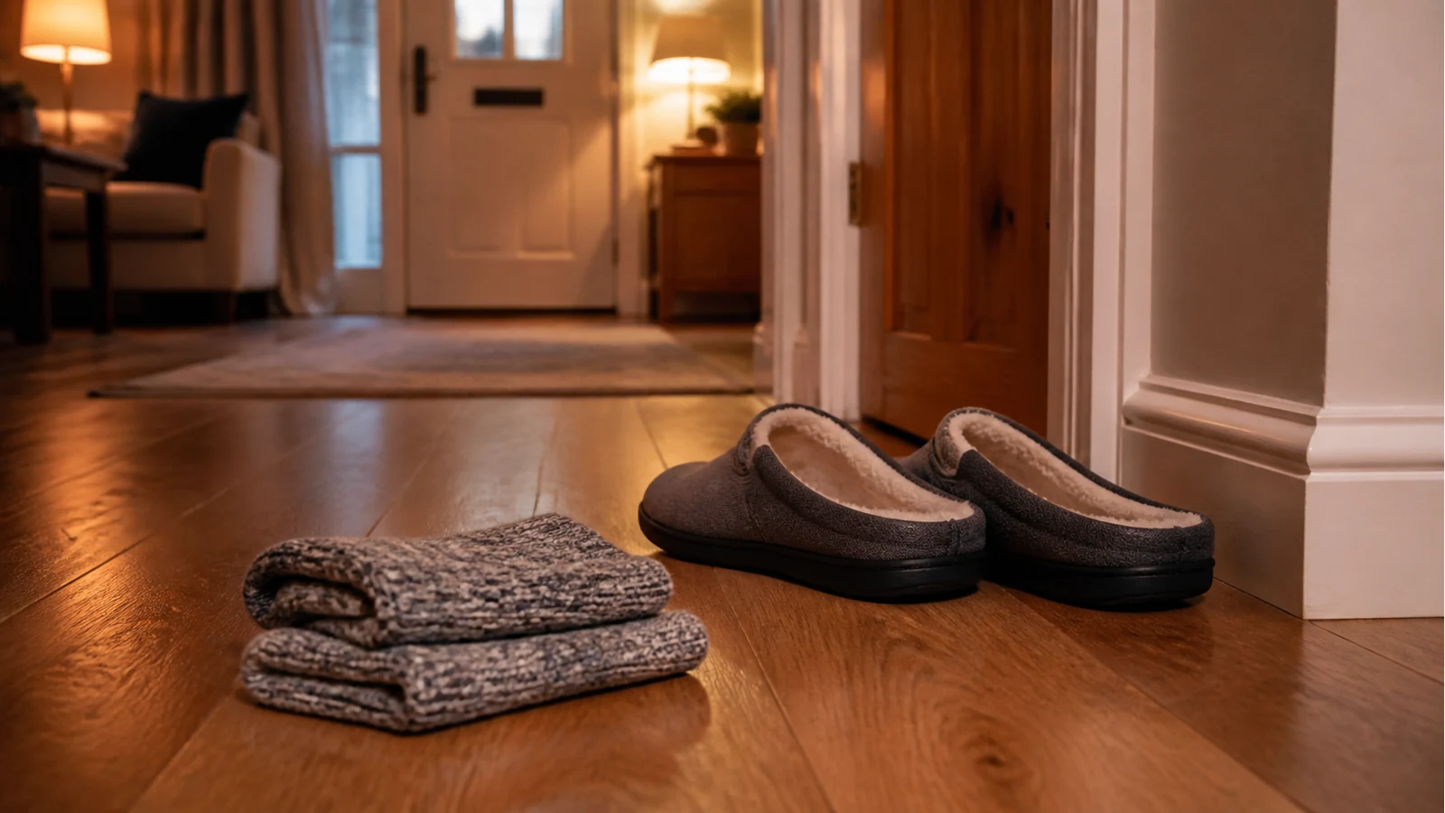 Slouch socks placed beside house slippers on a dry wooden floor for safer indoor wear.
