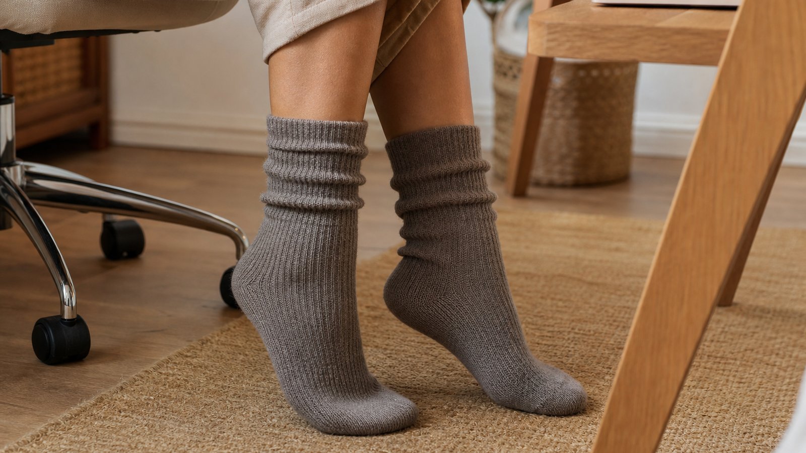 Mid-calf lounge socks worn under a home desk in soft light