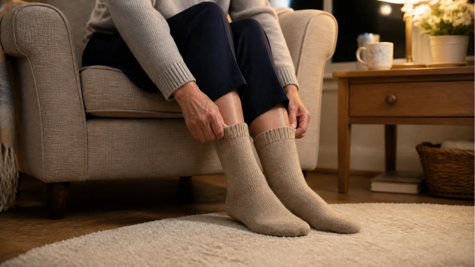 A woman pulling on loose-cuff bed socks while seated safely indoors.