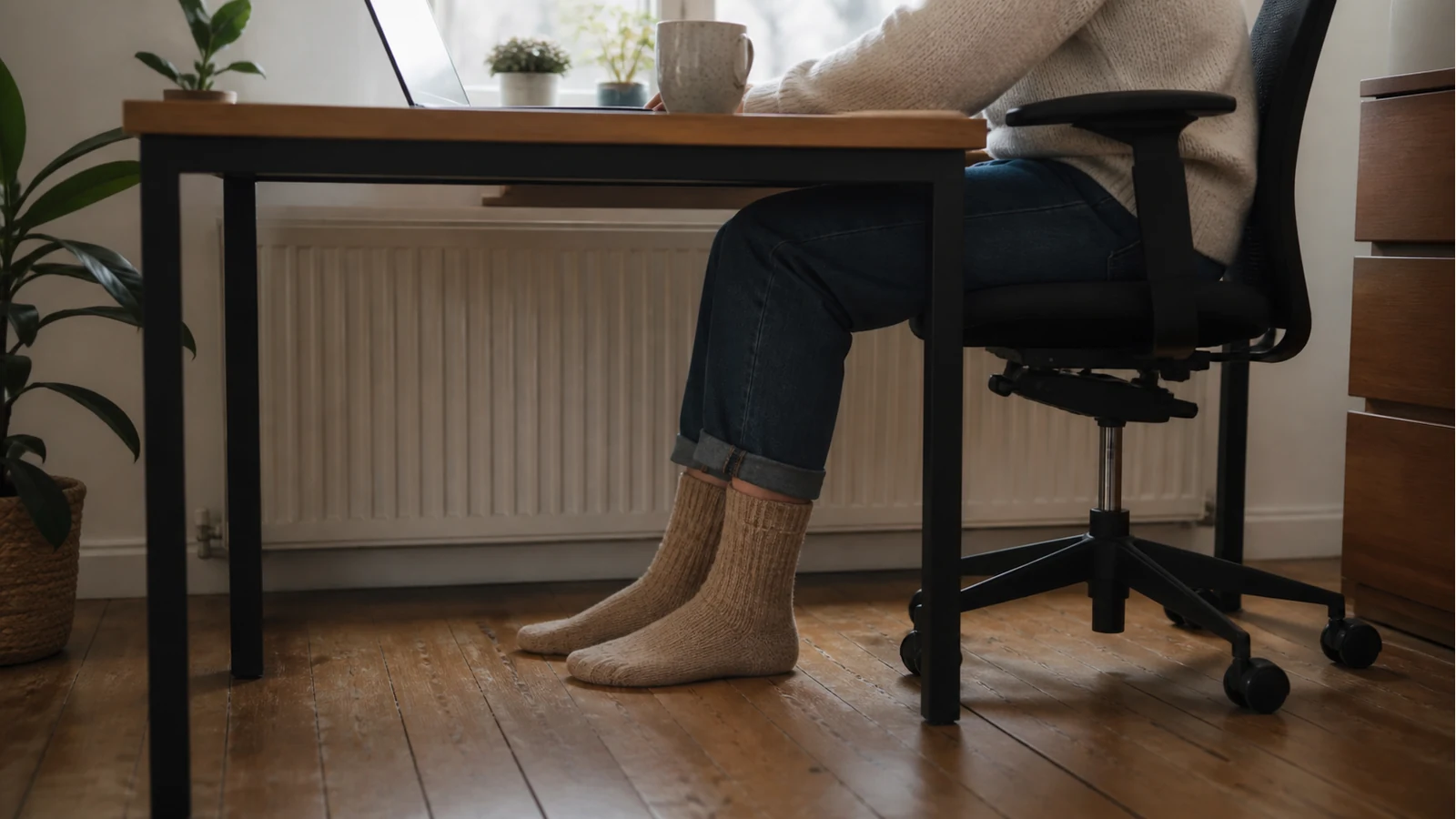 Warm mid-calf socks worn at a UK home office desk on a cold wooden floor.